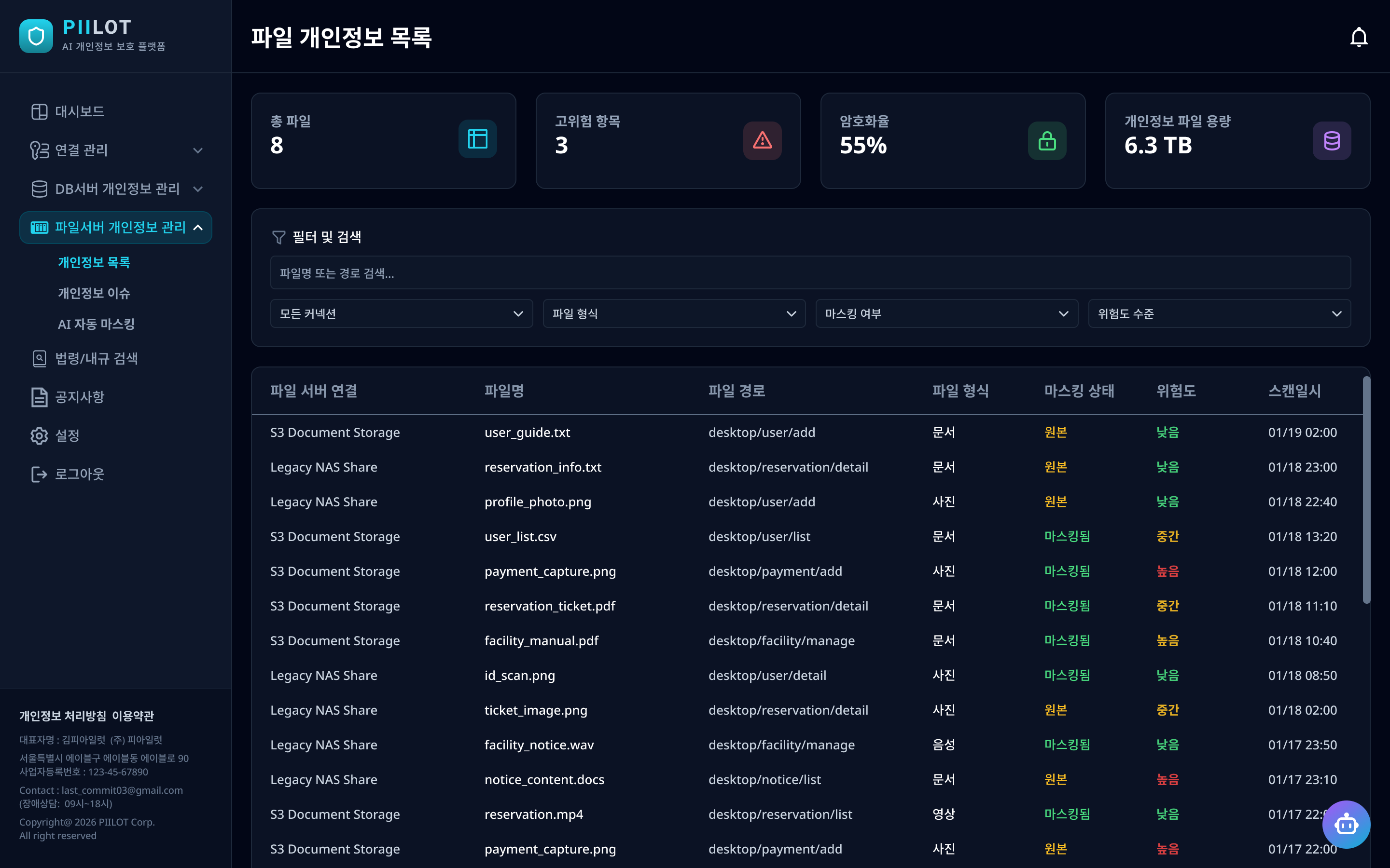 파일 개인정보 목록
